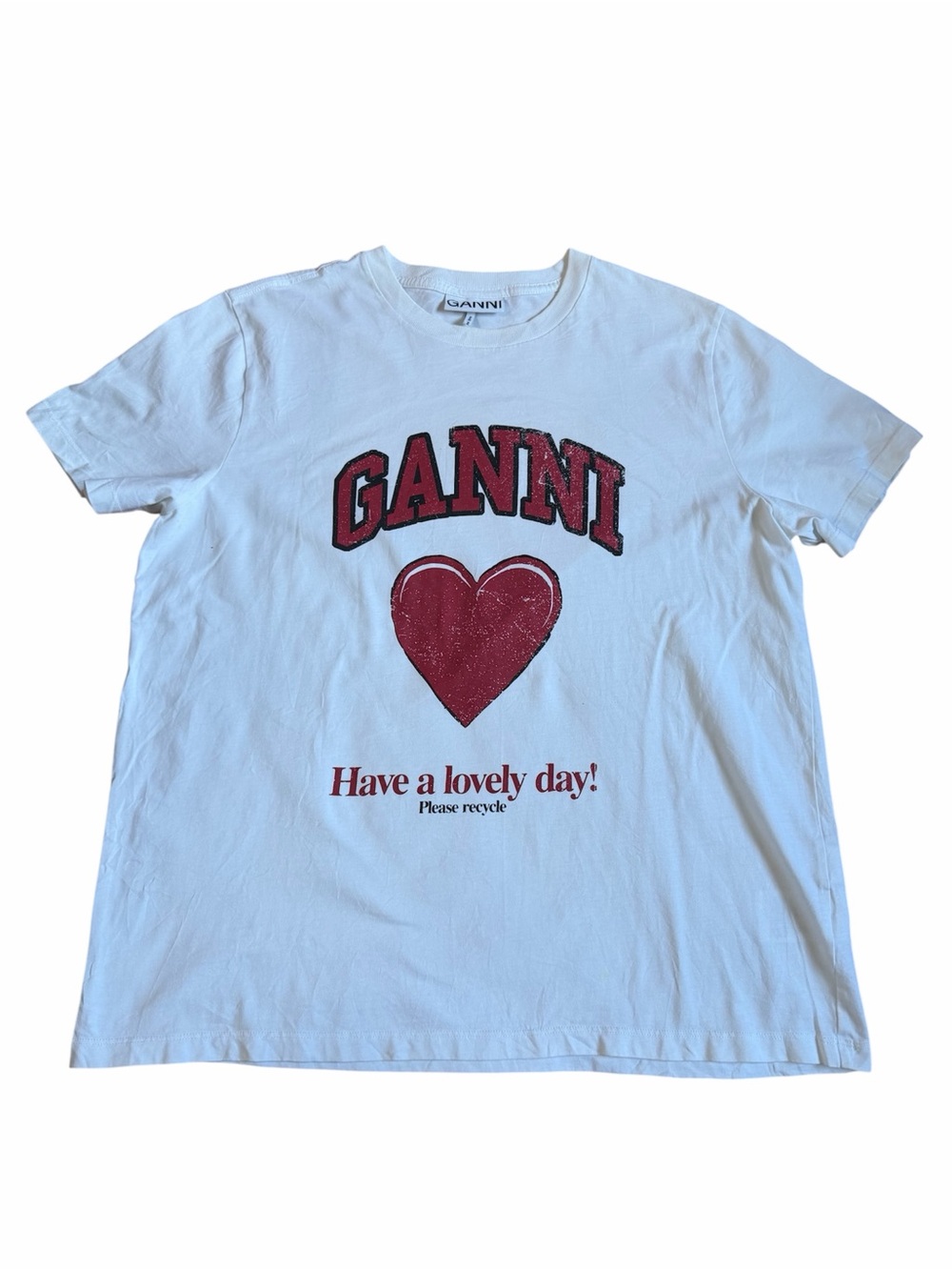 Ganni White Have a Love Daddy Graphic Tee with Red Heart US M